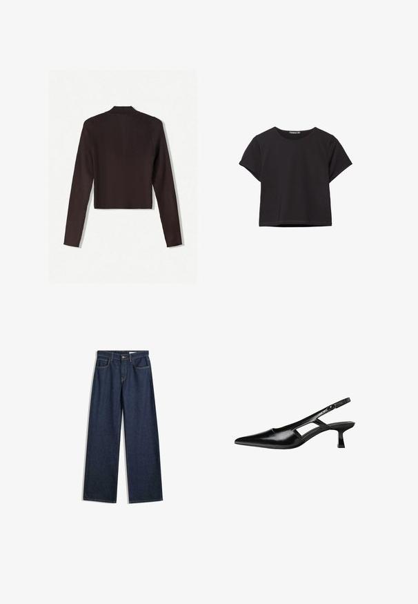 Bershka Vesta na kopčanje - dark brown; Crna kratka majica s kratkim rukavima izrađena od mekog materijala, s okruglim izrezom i opuštenim krojem te čistim rubom.; Široke tamnoplave traperice s pet džepova, vidljivim šavovima i dugmetom za zatvaranje. Imaju ravni kroj i blago oštećenje.; Crne lakirane natikače na remenčić sa špicastim nosom, dizajnom sa izrezima sa strane i malim kvadratnim potplatom. Glatka tekstura s minimalnim akcentima.