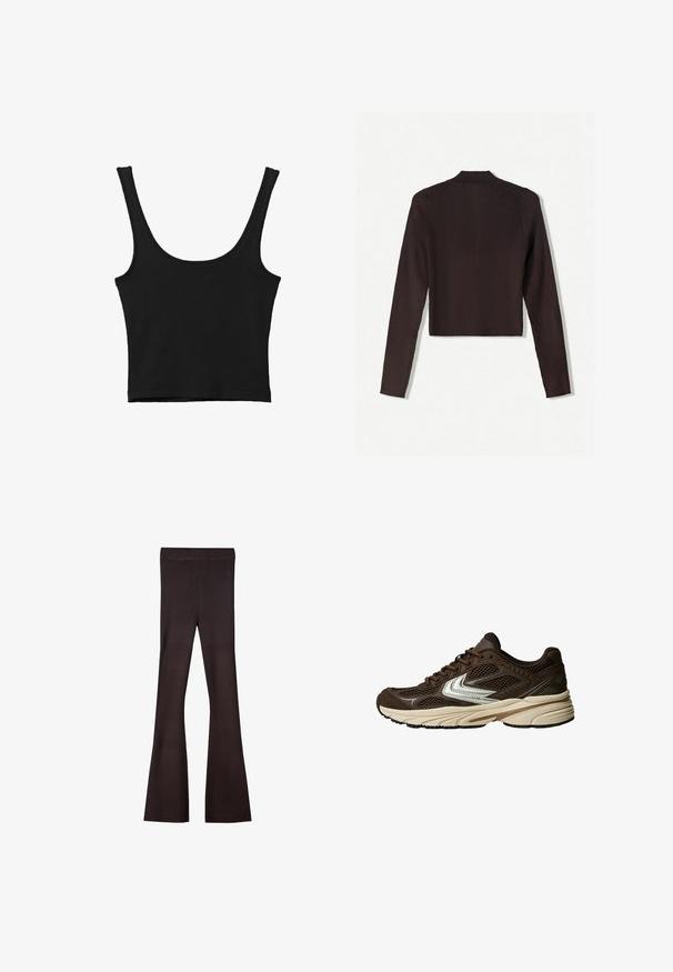 Bershka Cardigan - dark brown; Black cropped tank top with wide shoulder straps, made from soft material, featuring a smooth texture and a minimalist design.; Bershka Trousers - dark brown; Brown athletic shoe featuring mesh panels, a white accent design, a cushioned rubber sole, and a textured fabric upper for breathability.