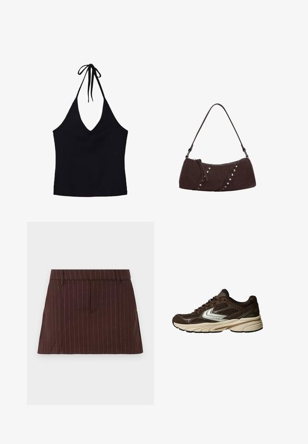 Bershka Kardigán - dark brown; Čierny halter top vyrobený z ribbovanej tkaniny, s hlbokým V-výstrihom a nastaviteľným viazaním na krku. Priliehavý strih bez ďalších detailov.; Hnedá sukňa s prúžkami s prispôsobeným strihom, s plochým pásom, bočnými vreckami a rovnou spodnou časťou. Materiál z bavlnenej zmesi.; Hnedá športová obuv s panelmi z polyesterovej sieťoviny, bielymi akcentmi, pohodlnou gumovou podrážkou a textilným vrchom pre lepšiu priedušnosť.; Hnedá syntetická kožená kabelka s zakriveným tvarom, zipsovým uzáverom a dekoratívnymi striebornými cvokmi na jednej strane. Má krátky ramenný popruh.