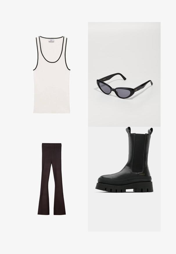Bershka Kardigán - dark brown; Biela tielko s rebrovým povrchom, s čiernymi obrami pozdĺž výstrihu a otvorov na ramenách. Jednoduchý, bezrukávový dizajn.; Bershka Nohavice - dark brown; Čierne členkové topánky s hladkým koženým povrchom, elastickými bočnými panelmi a robustnou, textúrovanou platformou, so značkovým detailom.; Čierne slnečné okuliare v štýle mačacích očí s tmavými sklami. Vyrobené z lesklého plastu, s jemným zlatým akcentom na spánku. Hladký povrch a výrazný tvar.
