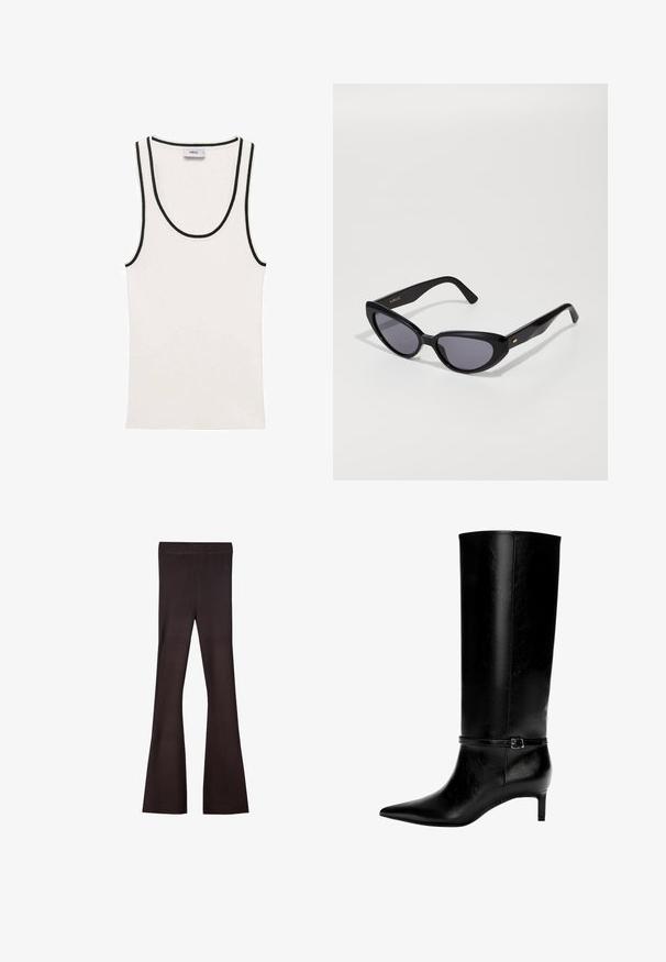 Bershka Kardigán - dark brown; Biela tielko s rebrovým povrchom, s čiernymi obrami pozdĺž výstrihu a otvorov na ramenách. Jednoduchý, bezrukávový dizajn.; Bershka Nohavice - dark brown; Čierne kožené čižmy po kolená s špicatou špičkou a malým opätkom. Obsahujú úzku pracku s kovovou sponou okolo členka. Hladký povrch.; Čierne slnečné okuliare v štýle mačacích očí s tmavými sklami. Vyrobené z lesklého plastu, s jemným zlatým akcentom na spánku. Hladký povrch a výrazný tvar.