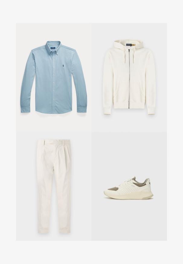 Kremowy, rozpinany na zamek hoodie z przednimi kieszeniami, kapturem ze sznurkiem i prążkowanymi mankietami, leżący płasko na białym tle.; Jasnoniebieska koszula z długim rękawem, zapinana na guziki, z kołnierzykiem zapinanym na guziki oraz małym ciemnoniebieskim haftowanym logo gracza polo po lewej stronie klatki piersiowej.; Białe, plisowane spodnie o dopasowanym kroju, z gładką fakturą, szlufkami na pasek i zwężanymi nogawkami. Brak widocznych kieszeni lub wzorów.; Białe i jasnobeżowe sneakersy sportowe, z siateczkową cholewką, perforowanymi detalami oraz teksturowaną podeszwą śródstopia z brandingiem na pięcie.