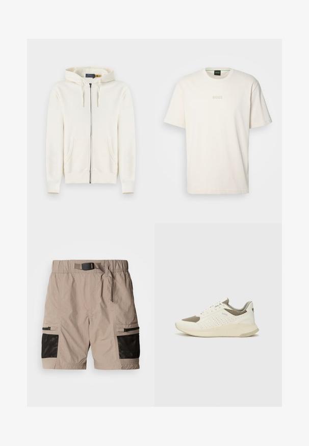 Cremefarbener Hoodie mit durchgehendem Reißverschluss, vorderen Taschen, Kapuze mit Kordelzug und gerippten Bündchen, flach auf einem weißen Hintergrund ausgelegt.; BOSS TEE - T-Shirt basic - open white; Beige Cargo-Shorts aus strukturiertem Stoff mit schwarzen Netzpaneelen, elastischem Bund und seitlichen Taschen mit Reißverschlüssen.; Weiße und hellbeige Sport Sneakers, ausgestattet mit einem Obermaterial aus Netzgewebe, perforierten Details und einer strukturierten Zwischensohle mit Branding an der Ferse.
