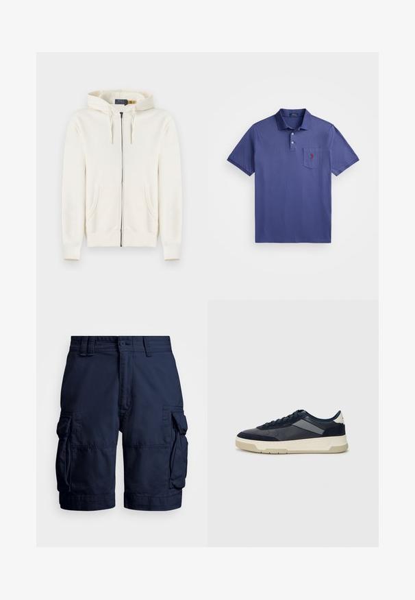Kreminės spalvos, visiškai užsegama džemperis su kišenėmis priekyje, su raišteliais ir mezginiais rankogaliais, išklotas ant balto fono.; Violetinio polo marškinėlių, pagamintų iš medvilnės, su trimis mygtukais, trumpomis rankovėmis ir krūtinės kišenėle su raudonos spalvos logotipo siuvinėjimu.; Tamsiai mėlynos spalvos krovinių šortai, pagaminti iš lengvos medžiagos, su keliais šoninėmis kišenėmis, mygtuko užsegimu ir tiesiu apatiniu kraštu.; BOSS BALTIMORE - Sportbačiai - open blue
