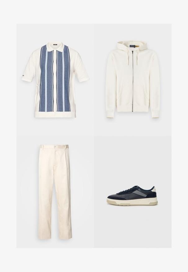 Cream-colored, full-zip hoodie with front pockets, drawstring hood, and ribbed cuffs, laid flat on a white background.; Short-sleeve polo shirt in cream with blue striped design. Features a button-up front and a classic collar. Made from textured fabric.; Beige cotton trousers with a straight-leg cut, featuring a button closure and pleats at the front for added detail.; BOSS BALTIMORE - Trainers - open blue