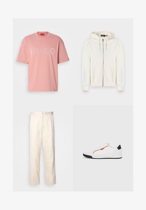 Kreminės spalvos, visiškai užsegama džemperis su kišenėmis priekyje, su raišteliais ir mezginiais rankogaliais, išklotas ant balto fono.; Šviesiai rožinė trumpa rankovė marškinėliai, pagaminti iš švelnios medžiagos, su žodžiu "HUGO" šiek tiek pakeltomis, blizgiomis raidėmis ant priekinės pusės.; Bežinės medvilninės kelnės su tiesiu kirpimu, turinčios mygtuko uždarymą ir priekyje raukšles papildomai dekoratyviam akcentui.; Balti sportiniai bateliai su tinklinėmis ir odinėmis detalėmis. Yra auksinė "BOSS" logotipas, tekstūruoti šonai ir juodas kulno dangtelis. Guminis padas.