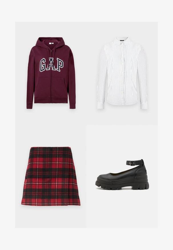 Sweat à capuche zippé bordeaux avec poches avant et logo "GAP" en grandes lettres blanches et bleu marine sur la poitrine, avec une capuche ajustable.; Chemise blanche à manches longues avec des fines rayures verticales noires et un col pointu.; Mini-jupe écossaise rouge et noire, fabriquée en tissu doux avec une coupe évasée, comportant des coutures horizontales et un ourlet net.; Buffalo ASPHA - Escarpins à plateforme - black
