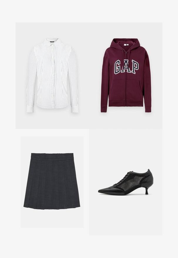 Maroon zip-up hoodie with front pockets and "GAP" logo in large white and navy letters across the chest, featuring an adjustable hood.; White long-sleeve button-up shirt with thin vertical black stripes and a pointed collar.; Dark gray pleated skirt with an elastic waistband, featuring a textured fabric and a classic A-line silhouette. Suitable for casual wear.; Black pointed-toe shoe with a mesh panel design, featuring a low heel and lace-up front. Made from a combination of leather and mesh material.