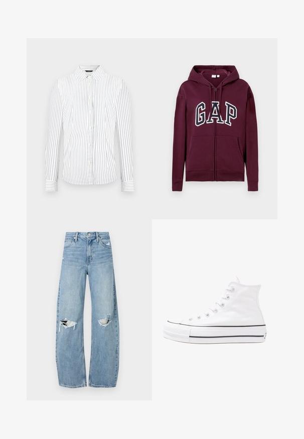 Maroon zip-up hoodie with front pockets and "GAP" logo in large white and navy letters across the chest, featuring an adjustable hood.; White long-sleeve button-up shirt with thin vertical black stripes and a pointed collar.; Light blue, high-waisted jeans made of denim. Feature wide legs, two torn knee areas, and classic five-pocket styling.; White high-top canvas sneaker with black rubber sole, front rubber toe cap, and six eyelets for laces, featuring a clean, minimalist design.