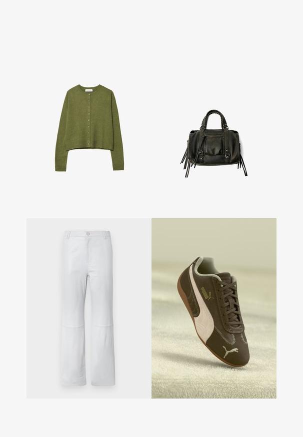 Cardigan en maille vert olive à manches longues, avec encolure ronde et fermeture à boutons sur le devant, longueur cropped, avec poignets et taille côtelés.; T-shirt en coton blanc avec un motif central en forme d'étoile en strass, manches courtes et col rond. Texture douce, coupe décontractée.; Pantalons blancs, fuselés, en tissu lisse ; dotés d'une poche avant, de coutures cousues et d'une fermeture à bouton. Sans motifs ni embellissements.; Sneaker Puma marron avec une rayure et un logo beige, lacé, reposant sur une surface beige texturée.; Sac à main en cuir noir avec des poignées tressées, une poche zippée et des glands suspendus. Surface texturée avec des clous en métal et des accents en métal.; Bracelet en métal doré avec un extérieur lisse et un intérieur texturé. Présente une conception large et arrondie avec une découpe ouverte d'un côté.