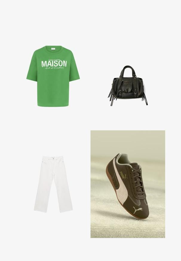 Oliven grøn, strikket cardigan med lange ærmer, rund halsudskæring og knaplukning foran, cropped længde, ribbede manchetter og talje.; Grøn bomulds T-shirt med løs pasform, korte ærmer og hvid trykt tekst, der siger "MAISON" sammen med mindre tekst nedenfor.; Hvide denim bred ben bukser med en klassisk fem-lomme design, metalhardware og kontraststing. Glat tekstur og afslappet pasform.; Brune Puma sneakers med beige stribe og logo, snøret, hvilende på en struktureret beige overflade.; Sort læderhåndtaske med flettede håndtag, lynlåslomme og hængende frynser. Tekstureret overflade med metalnitter og hardware-accenter.