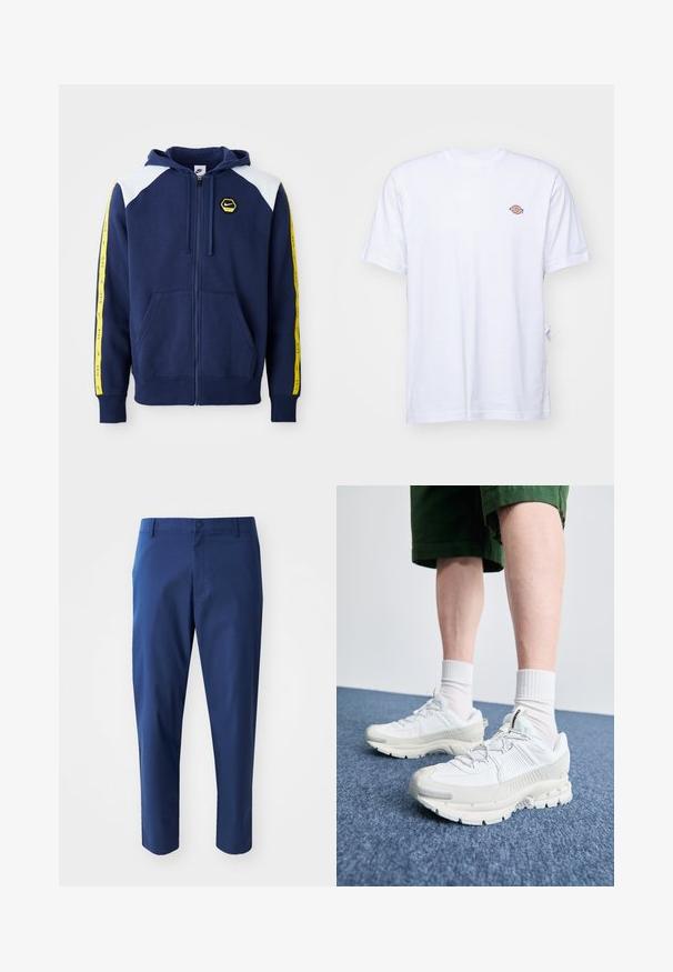 Navy zip-up hoodie with white shoulder accents, yellow side stripes featuring logo, and front pockets. Made from a soft fabric.; White cotton t-shirt with a v-neck and short sleeves. Features a small colorful embroidered logo on the left chest. Soft texture.; Navy blue chinos with a smooth texture, a buttoned waistband, and side pockets, featuring a tailored fit and cropped length.; White athletic shoes with textured overlays, a chunky sole, and gray accents. Worn with white crew socks and green shorts on a blue surface.