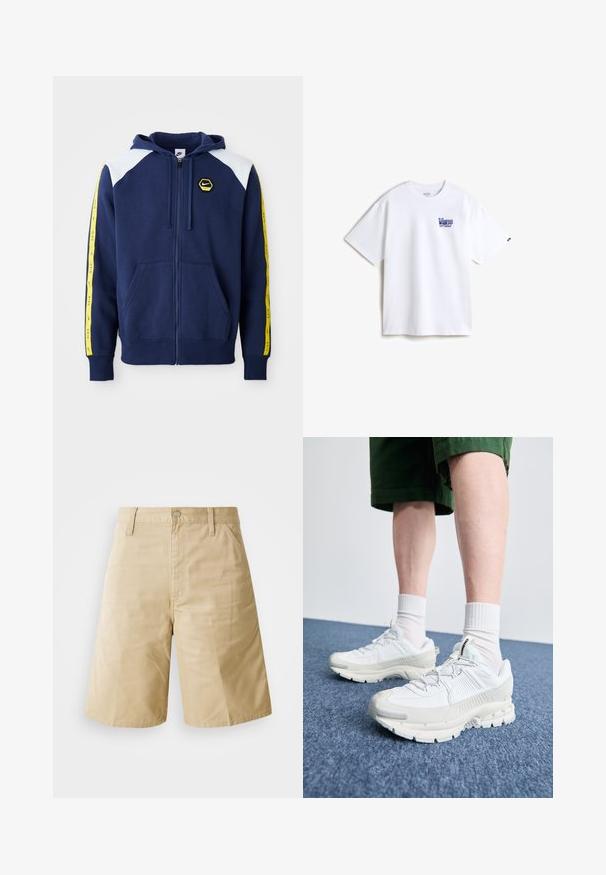 Navy zip-up huppari valkoisilla hartiatunneilla, keltaisilla sivuraitoilla, joissa on logo, sekä etutaskut. Valmistettu pehmeästä kankaasta.; Valkoinen puuvillapaita, jossa on sininen brodeerattu logo vasemmalla rinnassa. Klassinen pyöreä kaula-aukko, lyhyet hihat ja rento mitoitus.; Beige puuvillahousut suoran leikkauksen kanssa, joissa on nappisulkeminen, vetoketjuhalkaisu ja sivutaskut. Sileä pinta ja laskostettu etuosan yksityiskohta.; Valkoiset urheilukengät, joissa on tekstuuriset päällysteet, paksu pohja ja harmaat yksityiskohdat. Yhdistetty valkoisiin putkisukkiin ja vihreisiin shortseihin sinisellä pinnalla.