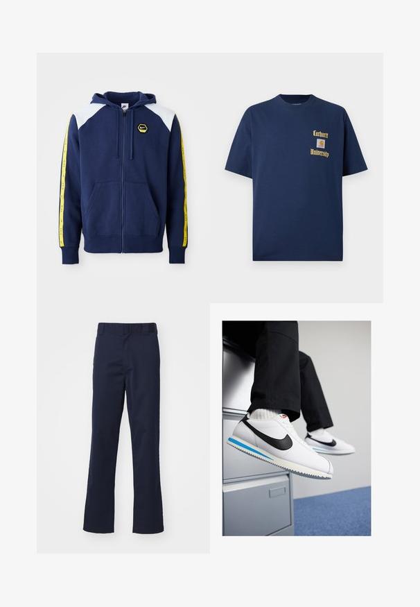 Marineblaue Zip-Hoodie mit weißen Schulterakzenten, gelben Seitenstreifen mit Logo und Fronttaschen. Hergestellt aus einem weichen Stoff.; Marineblaue Baumwoll-T-Shirt mit kurzen Ärmeln, mit goldener Schrift "Carhartt University" und einem Logo-Patch auf der linken Brust.; Marineblaue Hose aus Stoff, mit geradem Bein, Gürtelschlaufen und einem sauberen Finish am Saum. Keine sichtbaren Muster oder Akzente.; Weisse Ledersneaker mit schwarzem Nike-Swoosh, hellblauem und grauem Gummisohle sowie klassischem Schnürdesign. Füße ruhen auf einem Aktenschrank.