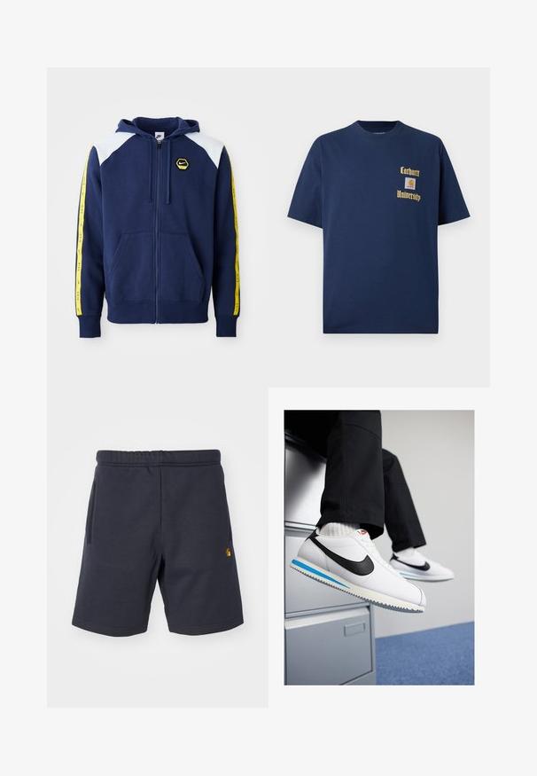 Mornarica dukserica na zatvaranje s bijelim detaljima na ramenima, žutim bočnim trakama s logom i prednjim džepovima. Izrađena od mekog materijala.; Tamno plavi pamukasti majica s kratkim rukavima, s zlatnim natpisom "Carhartt University" i logotipom na lijevoj strani grudi.; Tamnoplave pamučne šorceve s elastičnom tračicom u struku, dva bočna džepa i mali logotip na lijevoj nozi. Glatka tekstura.; Bijele kožne tenisice s crnim Nike logotipom, svijetloplavi i sivi gumeni potplat te klasičan dizajn vezanja. Noge su naslonjene na ormar.