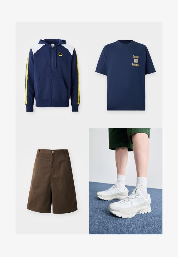 Navy zip-up hoodie with white shoulder accents, yellow side stripes featuring logo, and front pockets. Made from a soft fabric.; Navy blue cotton t-shirt with short sleeves, featuring gold text "Carhartt University" and a logo patch on the left chest.; Brown cotton shorts with a straight fit, featuring a button closure, belt loops, and no visible patterns or accents.; White athletic shoes with textured overlays, a chunky sole, and gray accents. Worn with white crew socks and green shorts on a blue surface.