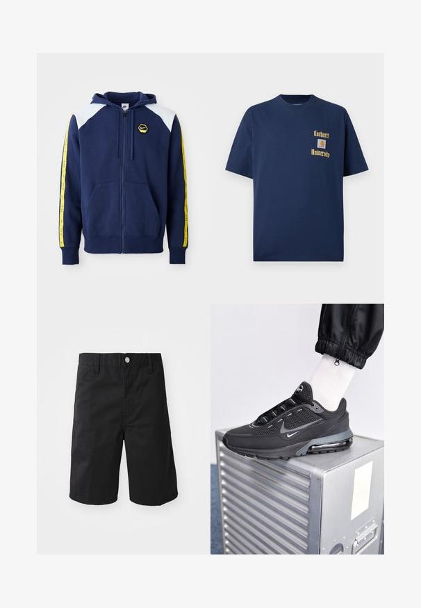 Námořnická zipová mikina s bílými akcenty na ramenou, žlutými bočními pruhy se znakem a předními kapsami. Vyrobena z měkké tkaniny.; Námořnická modrá bavlněná tričko s krátkým rukávem, se zlatým textem "Carhartt University" a nášivkou na levé hrudi.; Černé bavlněné kraťasy s rovný střihem, poutky na opasek, kovovým zapínáním na knoflík a bez viditelných vzorů či akcentů.; Nike Sportswear PULSE - Tenisky - black/anthracite