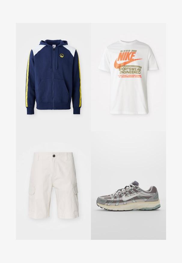 Sudadera con cremallera color marino, con acentos blancos en los hombros, franjas laterales amarillas que presentan el logo y bolsillos delanteros. Fabricada con un tejido suave.; Camiseta de algodón blanca con un gran logo naranja de "NIKE" y texto verde que dice "SPORTSWEAR ENGINEERED" junto con especificaciones adicionales.; Pantalones cortos de carga beige hechos de una tela ligera, con dos bolsillos laterales, cierre de botón y un ajuste holgado. Textura suave con un patrón sutil.; Zapatilla deportiva gris con parte superior de malla y ante, acentos blancos, suela acolchada y un diseño distintivo con elementos reflectantes.