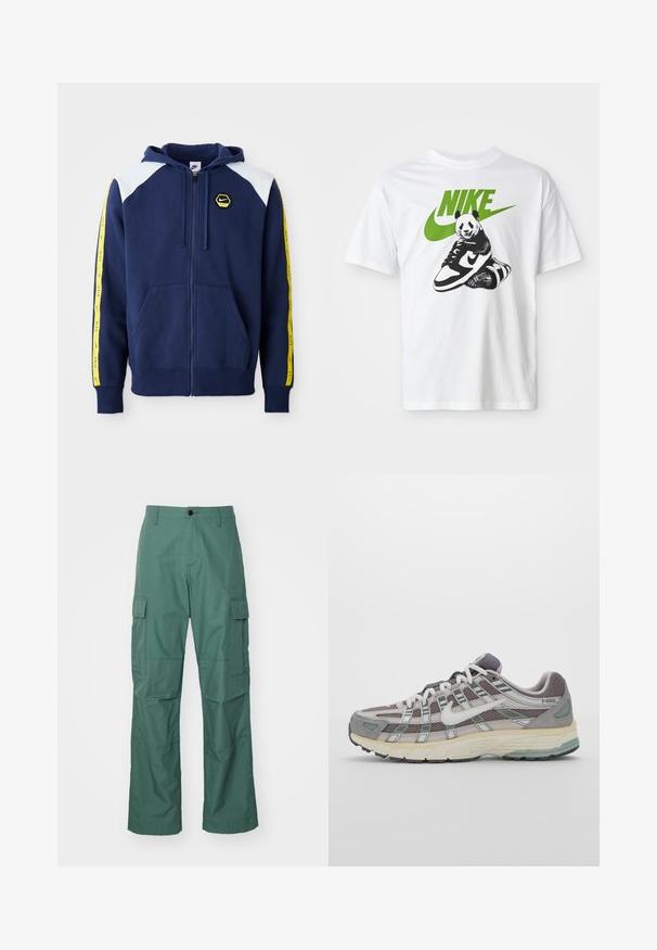 Navy zip-up hoodie with white shoulder accents, yellow side stripes featuring logo, and front pockets. Made from a soft fabric.; White cotton t-shirt featuring a black-and-white panda graphic holding a Nike sneaker, with a green Nike logo above.; Cargo pants in dark green, made of textured fabric. Features include side cargo pockets and a straight-leg cut with a button closure.; Gray athletic shoe featuring a mesh and suede upper, white accents, a cushioned sole, and a distinctive design with reflective elements.