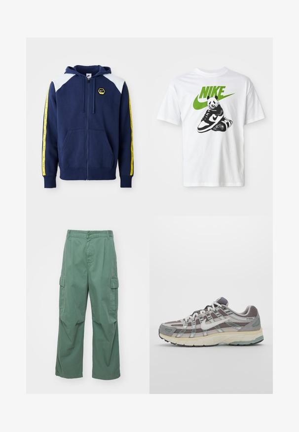 Marineblå zip-up hoodie med hvide skulderaccenter, gule sidelister med logo og frontlommer. Fremstillet af et blødt stof.; Hvid bomulds t-shirt med et sort-hvidt panda grafik, der holder en Nike sneaker, med et grønt Nike-logo ovenfor.; Grønne cargobukser lavet af bomuld, med løs pasform, brede ben og sidelommer. Stoffet har en glat tekstur uden mønstre.; Grå sportssko med overdel i mesh og ruskind, hvide accenter, en polstret sål og et særpræget design med reflekterende elementer.
