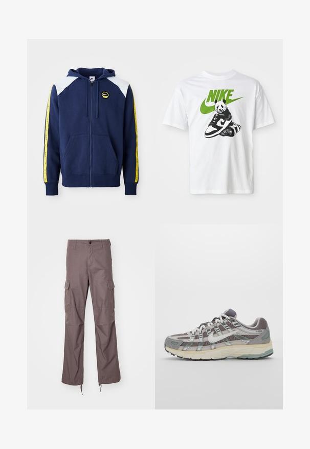 Granatowy hoodie z zamkiem błyskawicznym, z białymi akcentami na ramionach, żółtymi paskami po bokach z logo oraz kieszeniami z przodu. Wykonany z miękkiego materiału.; Biała bawełniana koszulka z grafika w czerni i bieli przedstawiającą pandę trzymającą trampki Nike, z zielonym logo Nike powyżej.; Spodnie cargo w fakturowanej tkaninie w odcieniu taupe, z wieloma kieszeniami bocznymi, prostym krojem nogawek oraz regulowanymi paskami na dole.; Szare buty sportowe z siateczkowym i zamszowym wierzchem, białymi akcentami, amortyzowaną podeszwą oraz charakterystycznym designem z elementami odblaskowymi.