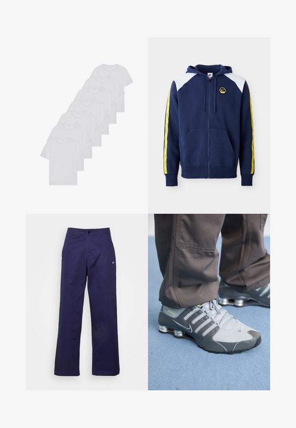 Hanorac cu fermoar de culoare bleumarin, cu accente albe pe umeri, dungi galbene pe laterale ce includ logo-ul, și buzunare frontale. Fabricat dintr-un material moale.; Tricouri din bumbac albe, cu mâneci scurte, design cu guler rotund, textură simplă, așezate într-un rând, cu o marcă subtilă la guler.; Nike Sportswear PANT - Pantaloni - midnight navy/(white); Tenisii Nike Shox gri și argintii au un design elegant, cu materiale din plasă și sintetice, vârf rotunjit și guler căptușit.