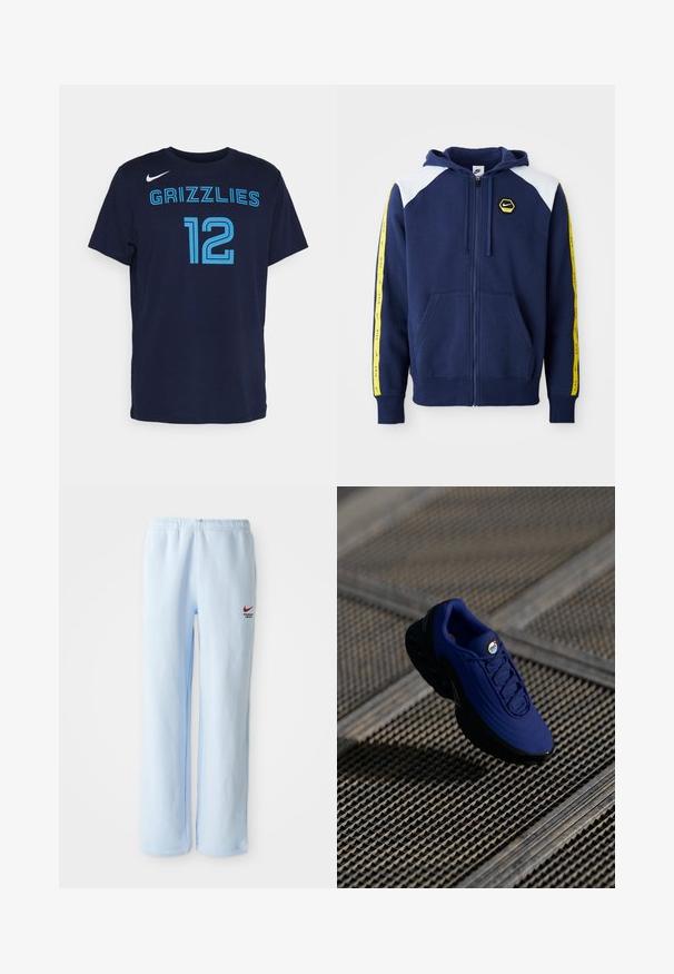 Fleece com zíper na frente, azul marinho, com detalhes brancos nos ombros, riscas amarelas laterais e logótipo, e bolsos frontais. Feito de um tecido suave.; T-shirt de algodão azul marinho com mangas curtas, com a inscrição "GRIZZLIES" e o número "12" em letras azul claro. Logotipo da Nike no ombro esquerdo da frente.; Sweatpants azul claro com cintura elástica, apresentando um pequeno logótipo vermelho da Nike e o texto "Departamento de Atletismo". Material de algodão suave.; Sapatilha atlética azul com parte superior texturizada, sola preta e atacadores. Apresenta uma marcação "air" na língua e elementos de amortecimento de ar visíveis.