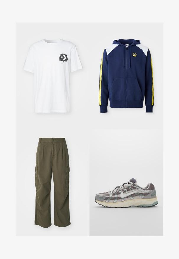 Marineblå zip-up hoodie med hvide skulderaccenter, gule sidelister med logo og frontlommer. Fremstillet af et blødt stof.; Hvid bomulds T-shirt med korte ærmer og rund halsudskæring. Har et sort grafisk design af et træ og pile på venstre brystområde.; Cargo bukser i olivengrøn, lavet af bomuld, med et bredt ben design, læg og sidelommer til praktisk anvendelse.; Grå sportssko med overdel i mesh og ruskind, hvide accenter, en polstret sål og et særpræget design med reflekterende elementer.