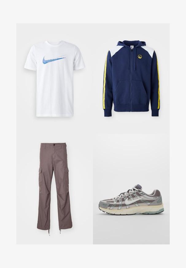 Námořnická zipová mikina s bílými akcenty na ramenou, žlutými bočními pruhy se znakem a předními kapsami. Vyrobena z měkké tkaniny.; Bílý bavlněný tričko s modrou Nike logem a horizontálními pruhy. Krátké rukávy a kulatý výstřih. Hladká textura.; Cargo kalhoty z texturované taupe tkaniny, s několika postranními kapsami, rovný střih nohavic a nastavitelné popruhy na lemu.; Šedá sportovní obuv s vrchní částí z mikrovlákna a semiše, bílými akcenty, polstrovanou podrážkou a jedinečným designem s reflexními prvky.