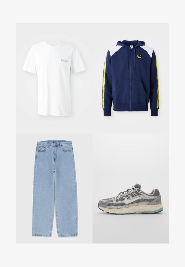 Marineblå zip-up hettegenser med hvite skulderdetaljer, gule sidestriper med logo, og frontlommer. Laget av et mykt stoff.; Hvitt bomulls T-skjorte med korte ermer. Har en lyseblå trykt "LEE" logo på venstre bryst. Rund hals, standard passform.; Lyseblå denimjeans med rett ben-design, med mid-rise liv, fem lommer og knap og lynlås lukning.; Grå treningssko med overdel i nett og semsket skinn, hvite detaljer, en polstret såle, og et særpreget design med reflekterende elementer.