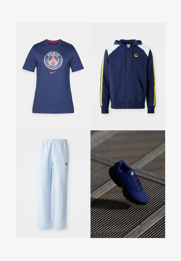 Merineerist valmistatud tõmblukuga kapuutsiga särk, millel on valged õlavarre aktsendid, kollased külgede triibud logo ja eesmind põrkide jaoks. Valmistatud pehmest kangast.; Tumed sinine puuvillane T-särk, millel on ringikujuline logo, millel on tekst "PARIS", Paris Saint-Germaini embleem ja punased aktsendid, koos ümmarguse kaelusega disainiga.; Heledad sinised dressipüksid elastse vaherindega, millel on väike punane Nike logo ja "Athletic Department" tekst. Pehme puuvillane materjal.; Sinine sportlik king, millel on tekstuuriga pealisosa, must talla ja paelad. Omab "air" brändingut keeles ning nähtavaid õhu-väljakutse elemente.