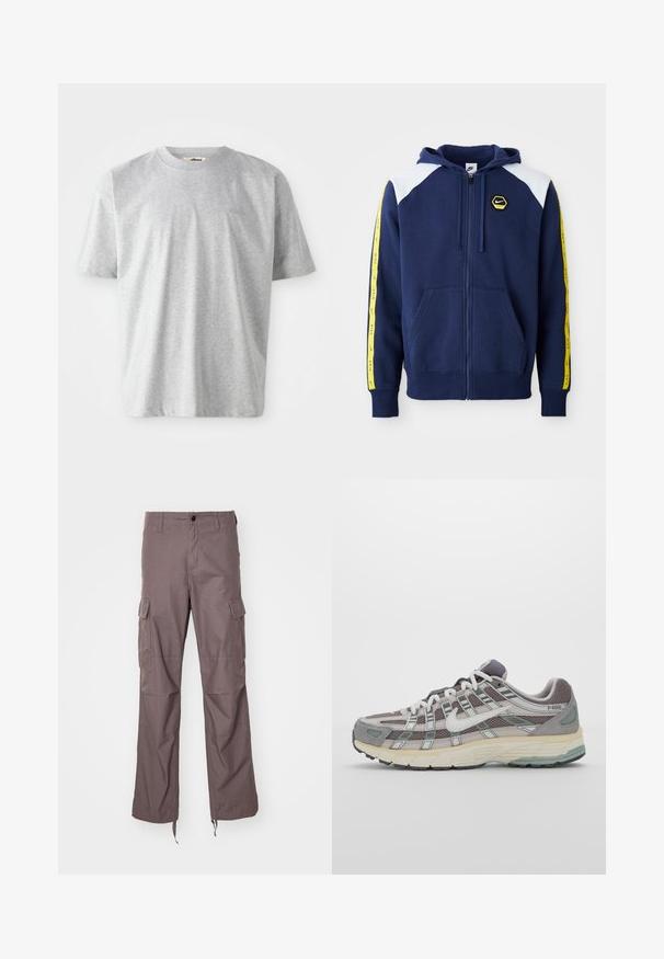 Tengeri kék zipzáras kapucnis pulóver fehér vállbetétekkel, sárga oldalsávokkal, amelyeken embléma található, és elülső zsebekkel. Puha anyagból készült.; Szürke, rövid ujjú póló, puha anyagból készült. Kerek nyakkivágással és diszkrét logóval hímzette a mellkason.; Texturált taupe színű anyagból készült cargo nadrág, több oldalsó zsebbel, egyenes lábú fazonnal, és állítható pántokkal az alján.; Szürke sportcipő, hálós és velúr felsőrésszel, fehér részletekkel, párnázott talppal és jellegzetes dizájnnal, amely visszaverő elemeket tartalmaz.