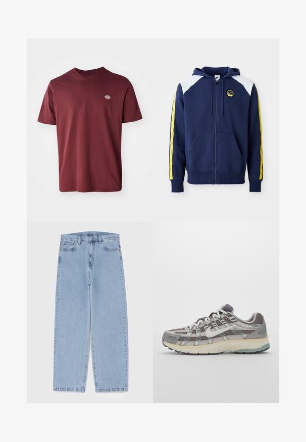 Marineblå zip-up hoodie med hvide skulderaccenter, gule sidelister med logo og frontlommer. Fremstillet af et blødt stof.; Bordeaux bomulds t-shirt med rund hals, korte ærmer og et lille cirkulært brandlogo broderet på venstre bryst.; Lyseblå denimjeans med straight leg-design, der har en mid-rise talje, fem lommer og en lukning med knap og lynlås.; Grå sportssko med overdel i mesh og ruskind, hvide accenter, en polstret sål og et særpræget design med reflekterende elementer.