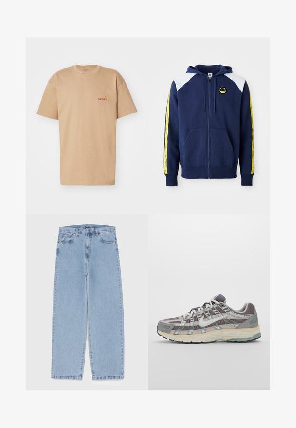 Marine blauwe zip-up hoodie met witte schouderaccenten, gele zijstrepen met logo en voorzakken. Gemaakt van een zachte stof.; Beige katoenen T-shirt met korte mouwen, ronde hals en een rood Carhartt-logo geborduurd op de linkerkant van de borst. Eenvoudig, ontspannen pasvorm ontwerp.; Lichtblauwe denim jeans met een recht model, voorzien van een middelhoge taille, vijf zakken en een knoop- en ritssluiting.; Grijze sportieve schoen met een bovenwerk van mesh en suede, witte accenten, een gevoerde zool en een onderscheidend ontwerp met reflecterende elementen.