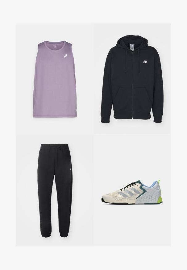Zwarte rits hoodie met voorzakken, trekkoord capuchon en wit New Balance-logo op de borst.; Paarse sportieve tanktop met een ronde halslijn en zonder mouwen. Bevat een klein wit logo op de borst. Gemaakt van lichtgewicht stof.; Zwarte joggingbroek van zacht materiaal met een elastische tailleband, trekkoord en taps toelopende manchetten, met een subtiele logo aan de zijkant.; Lichte atletiekschoenen met een crèmekleurige mesh bovenwerk, grijze strepen, een groene accent en een gestructureerde blauwe hielkap. Zwarte veters.