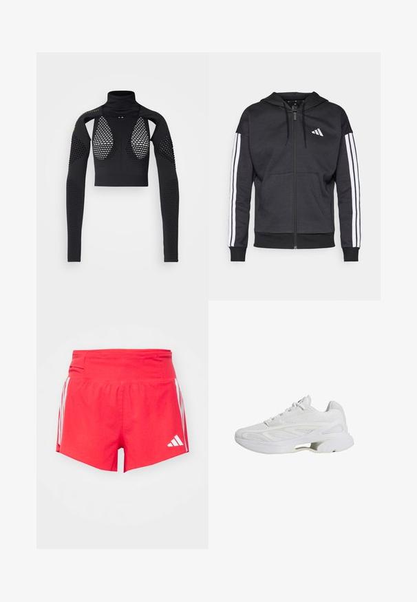 Crna zip-jakna s kapuljačom, bijeli dizajn s tri pruge na rukavima i prednji kengur up pocket. Mekana tkanina i rebrasti rub.; Crna dugački rukav uska majica s visokim ovratnikom, s mrežastim panelima i teksturiranim detaljima na rukavima, izrađena od rastezljivog materijala.; Crvene atletske kratke hlače od teksturiranog materijala, sa širokim pojasom i bijelim bočnim trakama i logom.; Bijele sportske tenisice s mrežastim gornjištem, podstavljenim ovratnikom i teksturiranim detaljima. Ojačan potplat s izrezom za lagani dizajn.