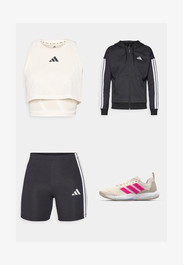 Hanorac negru cu fermoar, cu glugă, design cu trei dungi albe pe mâneci și buzunar frontal tip kangaroo. Fabrică moale și tiv cu nervuri.; Top sportiv scurt alb, realizat dintr-un material respirabil. Dispune de un decolteu rotund, textură perforată și un logo negru pe față.; Șorturi atletice negre dintr-un material elastic, cu dungi albe pe laterale și un logo Adidas pe piciorul din dreapta jos. Textură netedă.; Pantof de sport bej cu logo în trei dungi roz, superior din plasă texturată, guler căptușit și talpă din cauciuc alb, având marca "LIGHTSTRIKE".