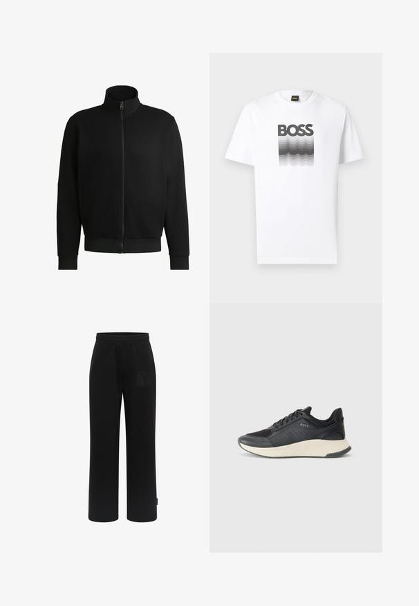 Chaqueta negra con cremallera y alto cuello, fabricada en un tejido suave. Presenta puños y dobladillo acanalados, con bolsillos laterales y un diseño minimalista.; Camiseta blanca de manga corta con diseño de onda en degradado negro y gris, y texto en negrita "BOSS" centrado en el pecho.; Pantalones jogger negros confeccionados en tela suave, con un diseño de pierna ancha, cintura elástica y un parche de logo texturizado en el bolsillo frontal.; Zapatilla deportiva negra con parte superior de malla perforada, una entresuela texturizada en color crema y una suela de goma para mayor tracción.