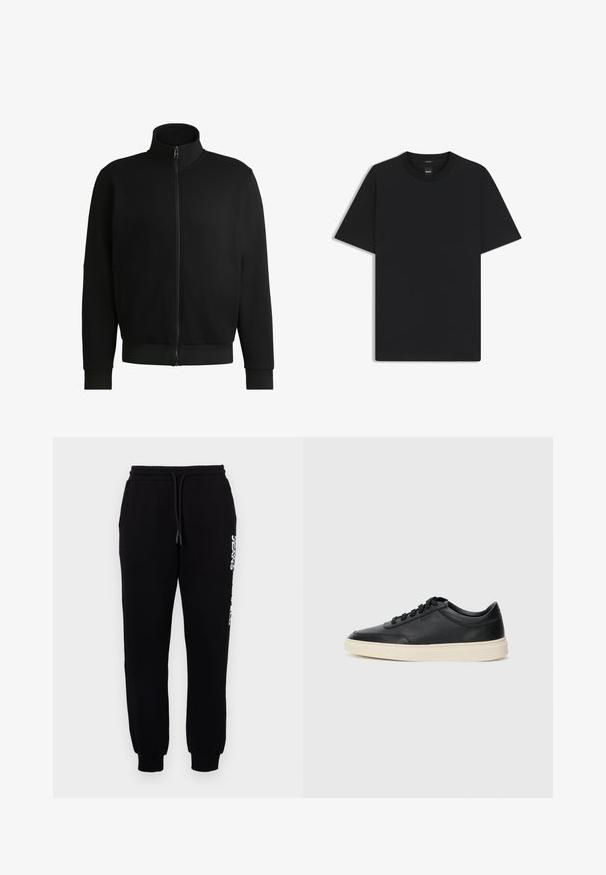 Black zip-up jacket with a high collar, made of smooth fabric. Features ribbed cuffs and hem, with side pockets and minimal detailing.; Black short-sleeve T-shirt made from a smooth cotton blend, featuring a crew neckline and a minimalistic design with no patterns or accents.; Black sweatpants made of soft fabric, featuring an elastic waistband with a drawstring, tapered legs, and a logo along the side.; Black low-top leather sneaker with black laces and off-white sole shown in side profile on white background.