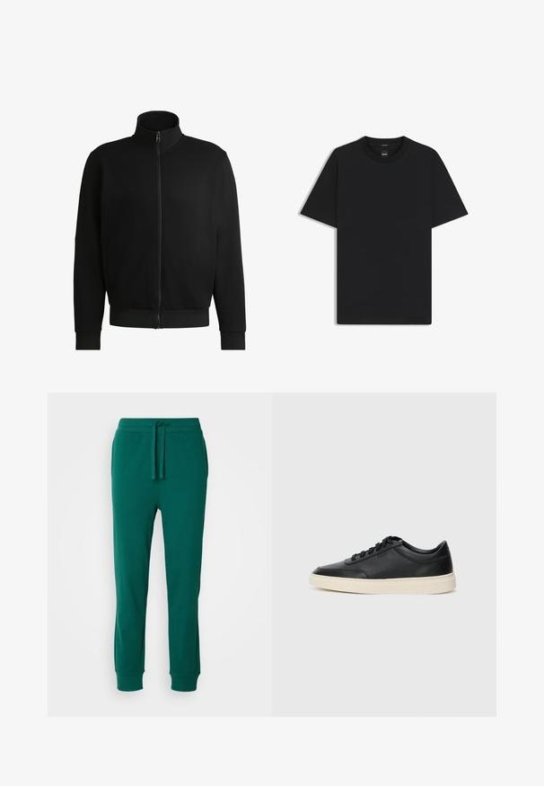 Sort zip-jakke med høj krave, lavet af glat stof. Har ribbedemanchetter og -kant, med sidelommer og minimal detaljering.; Sort kortærmet T-shirt lavet af en glat bomuldsblanding, med en rund halsudskæring og et minimalistisk design uden mønstre eller accenter.; Grønne bomuldsjoggers med elastisk talje, snor og manchetter ved anklerne. Glat tekstur med en ensfarvet farve og ingen synlige mønstre.; Sort lavt top lædersneaker med sorte snørebånd og off-white sål vist i sideprofil på hvid baggrund.