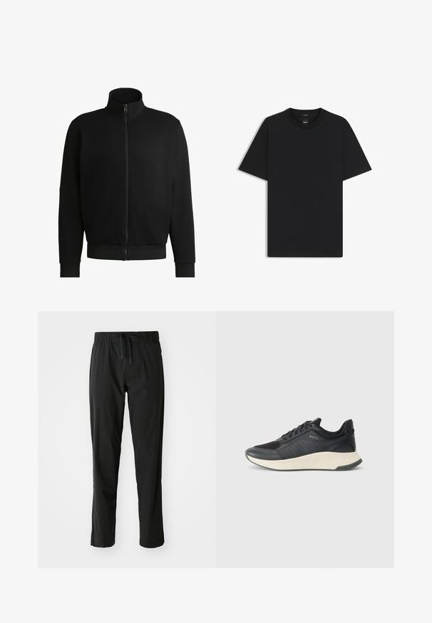 Chaqueta negra con cremallera y alto cuello, fabricada en un tejido suave. Presenta puños y dobladillo acanalados, con bolsillos laterales y un diseño minimalista.; Camiseta negra de manga corta fabricada con una suave mezcla de algodón, que presenta un cuello redondo y un diseño minimalista sin patrones ni acentos.; BOSS ACTIVE MOVE - Pantalones deportivos - black; Zapatilla deportiva negra con parte superior de malla perforada, una entresuela texturizada en color crema y una suela de goma para mayor tracción.