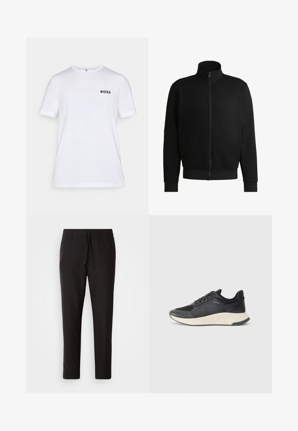 Chaqueta negra con cremallera y alto cuello, fabricada en un tejido suave. Presenta puños y dobladillo acanalados, con bolsillos laterales y un diseño minimalista.; Camisa de algodón blanca con mangas cortas y cuello redondo, que presenta un logo negro de "BOSS" en el lado izquierdo del pecho y acentos de tela en contraste.; Pantalones de chándal negros de tejido suave. Cuentan con una cintura elástica con cordón, piernas ajustadas y sin bolsillos visibles. Diseño sencillo.; Zapatilla deportiva negra con parte superior de malla perforada, una entresuela texturizada en color crema y una suela de goma para mayor tracción.