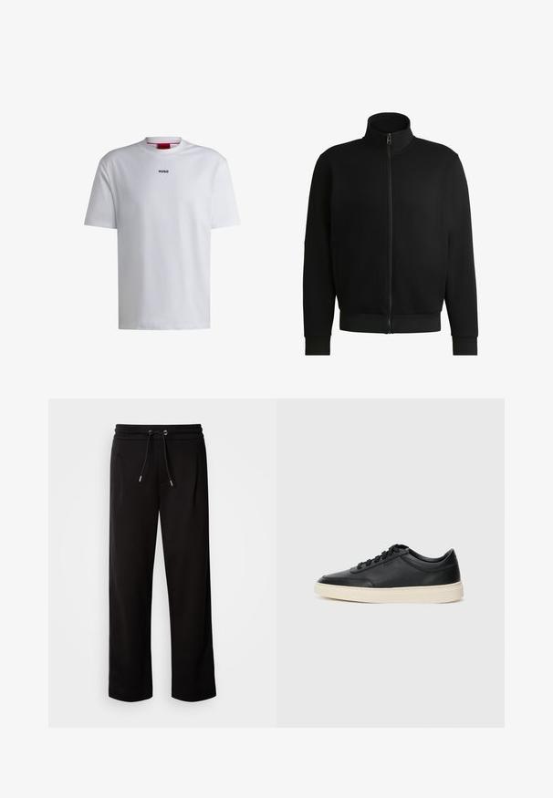 Black zip-up jacket with a high collar, made of smooth fabric. Features ribbed cuffs and hem, with side pockets and minimal detailing.; White cotton t-shirt with short sleeves, round neckline, and a black "HUGO" logo on the chest. Smooth texture, casual fit, no patterns.; Black, loose-fit sweatpants made of soft fabric, featuring an elastic waistband with a drawstring, and side pockets.; Black low-top leather sneaker with black laces and off-white sole shown in side profile on white background.