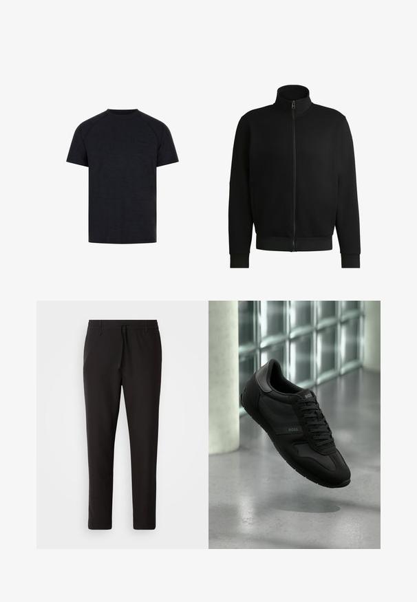 Black zip-up jacket with a high collar, made of smooth fabric. Features ribbed cuffs and hem, with side pockets and minimal detailing.; Black crew-neck t-shirt made of smooth fabric. Features short raglan sleeves and a subtle embossed logo on the front chest area.; Black jogger pants made of smooth fabric. Feature an elastic waistband with a drawstring, tapered legs, and no visible pockets. Simple design.; Black athletic shoe featuring a smooth leather and mesh upper, lace closure, and subtle branding on the side and tongue. Rubber sole.