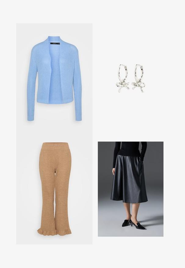 Light blue knitted cardigan with open front, long sleeves, textured fabric, and ribbed cuffs and hem.; Three long-sleeve crop tops stacked, colors white, beige, and muted teal, with round necklines on a light gray background.; Light brown ribbed knit pants with a flared bottom and ruffled hem. Elastic waistband for comfort. Even texture throughout.; Black leather midi skirt with a smooth texture; features a waistband and side pockets. Paired with glossy black heeled shoes.; Silver hoop earrings featuring a bow design, with a smooth finish and a polished texture. Compact, minimalist style suitable for various occasions.
