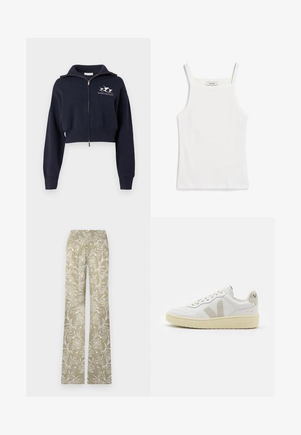 Marineblauer, kurz geschnittener Kapuzenpullover mit Reißverschluss und hohem Kragen, ausgestattet mit gerippten Bündchen und Bund sowie einem weißen, auf der linken Brust gestickten Logo.; Weißes Tanktop mit dünnen Trägern, aus geripptem Baumwollstoff, mit einem geraden Ausschnitt und einem sauberen Abschluss am Saum.; Schlaghosen aus hellgrünem Stoff mit weißem Blumenmuster. Mit elastischem Bund und strukturierten Oberfläche.; Weiße Ledersneaker mit beigen Wildlederakzenten, perforierte Zehenbox, flache Schnürsenkel und eine strukturierte cremefarbene Sohle. Mit dezentem Branding an der Ferse.