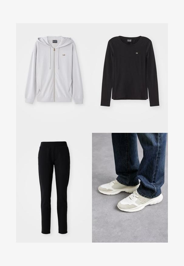 Helle graue Zip-Hoodie aus weichem Material, mit Kapuze, goldfarbenem Reißverschluss und kleinem Logo auf der Brust. Glatte Textur und lässiger Schnitt.; Schwarzes Langarmoberteil aus weichem Material. Verfügt über einen Rundhalsausschnitt und ein kleines Logo auf der linken Brust. Geschmeidige Textur, lockere Passform.; Schwarze Sporthosen mit einer taillierten Passform, elastischem Bund und seitlichen Taschen, die ein dezentes Logodesign am linken Bein aufweisen.; Sneaker in Hellgrau und sanftem Beigegitter mit Wildlederelementen. Merkmale ein Schnürdesign und eine dicke weiße Gummisohle. Getragen zu blauen Jeans.