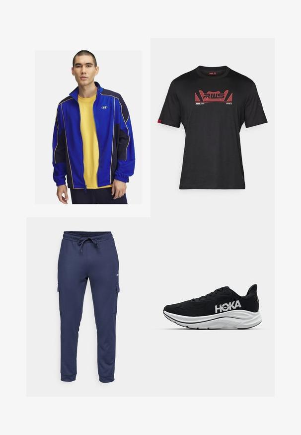Sinine ja must lukuga jakk kollaste aktsentidega, pikad varrukad ja seisev krae, kantud kollase särgi peal. Valmistatud pehmest kangast.; Must musta T-särk, mis on valmistatud puuvillast, ümmarguse kaelusega, mille esiküljel on punane graafiline disain, sealhulgas tähestik "RWLS" ja geomeetrilised aktsendid.; Jack & Jones Performance JPSTGORDON JJBASIC ICE CARGO PANTS - Püksid - navy blazer; Mustaline mustad jooksujalats, millel on tekstureeritud ülemine osa, valge logo, pehmendatud tald ja kena ümar kuju. Omab sidumissüsteemi ja kontrastseid aktsente.