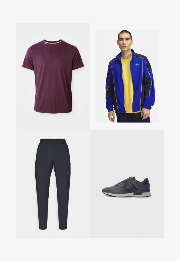 Chaqueta azul y negra con cremallera, detalles en amarillo, de mangas largas y cuello alto, llevada sobre una camiseta amarilla. Fabricada con tejido suave.; Camiseta de manga corta burdeos, hecha de una tela suave, con cuello redondo y un pequeño detalle del logo en el pecho.; Pantalones deportivos negros con una textura suave, corte ajustado, cinturilla elástica y bolsillos laterales. Presentan un pequeño logo en el muslo izquierdo.; Zapatilla deportiva para hombre en un azul marino oscuro con parte superior de malla y sintético. Cuenta con un diseño de cordones, cuello acolchado y suela de goma con agarre texturizado.