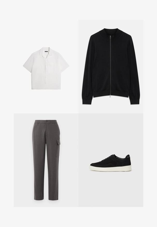 Must tänava must pikka varrukat, lukuga kardigan ribatud ümar kaeluse, mansettide ja äärega, esitatud valge tausta ees.; Lühikeste varrukatega valge särk, pehme tekstuur, nööpidega ees, laiad kraed, ühe rinnataskuga, juhuslik lõtva disainiga. Üksikasjadeta, ilma mustriteta.; Hallid hallid püksid, millel on mugav lõige, valmistatud siledast kangast. Varustatud nupukinnisega, küljetaskute ja säärel oleva kargo-taskuga.; Mustad suede jooksujalatsid, millel on paelad ja kontrastne valge kummitald. Omab tekstuuriga külgpaneele ja tagasihoidlikku brändimist kandadel.